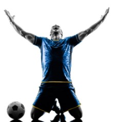 Picture of One caucasian soccer player man happy celebration  in silhouette isolated on white background