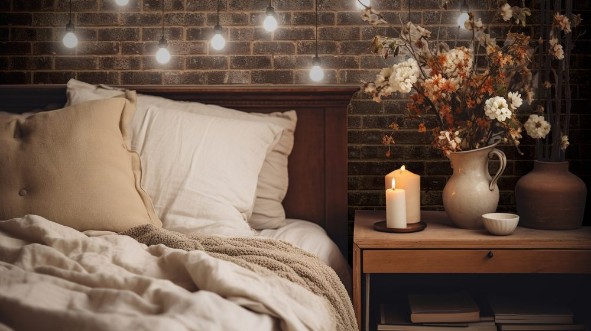 Afbeeldingen van Shining light bulbs on dark brick wall 3d rendering