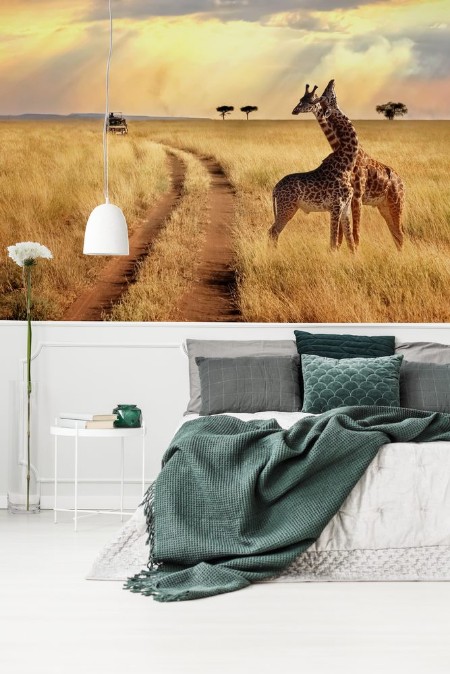 Afbeeldingen van Group of giraffes in the Serengeti National Park on a sunset background with rays of sunlight African safari