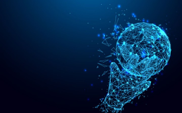 Imagem de Abstract goalkeeper hands catching ball form lines and triangles point connecting network on blue background Illustration vector