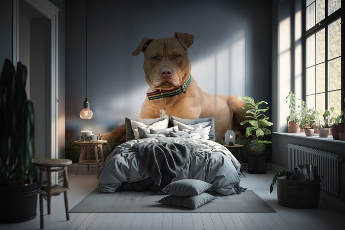 Picture of Yellow Pit Bull terrier dog lying on the grass