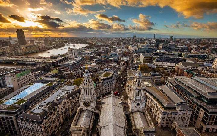 Picture of London England - Panoramic aerial skyline view of London taken from the top of StPauls Cathedral at sunset with dramatic clouds