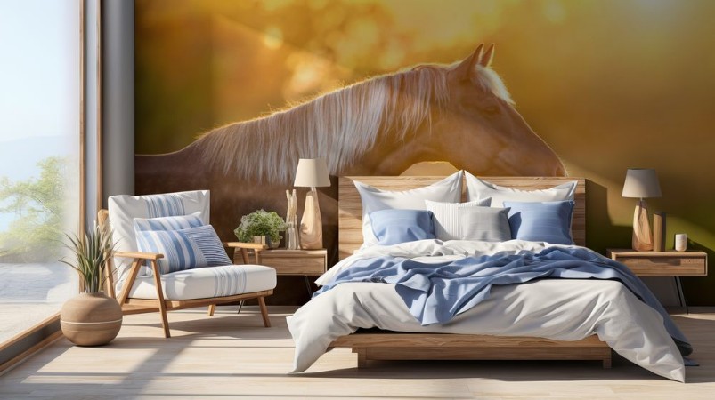 Bild på Beautiful horse with long blond mane portrait at sunset light