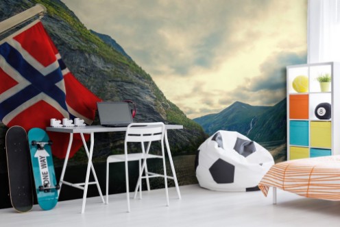 Picture of Mountain landscape with cloudy sky Majestic Geiranger fjord  View from ship Norvegian flag against beautiful nature of Norway