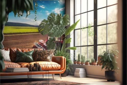 Afbeeldingen van Farmer with tractor seeding crops at field aerial drone view