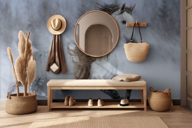 Bild på Grey long-mane Andalusian horse galloping during snowstorm