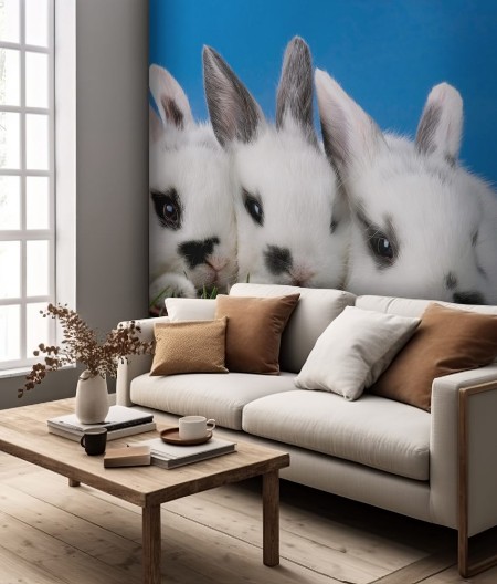 Picture of Drei Zwergkaninchen auf der grnen Wiese  verstecken sich hinter Weidenktzchen