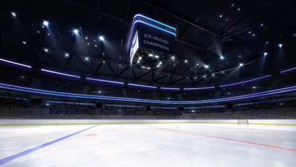 Picture of Empty ice hockey arena indoor playground view illuminated by spotlights hockey and skating stadium indoor 3D render illustration background my own design