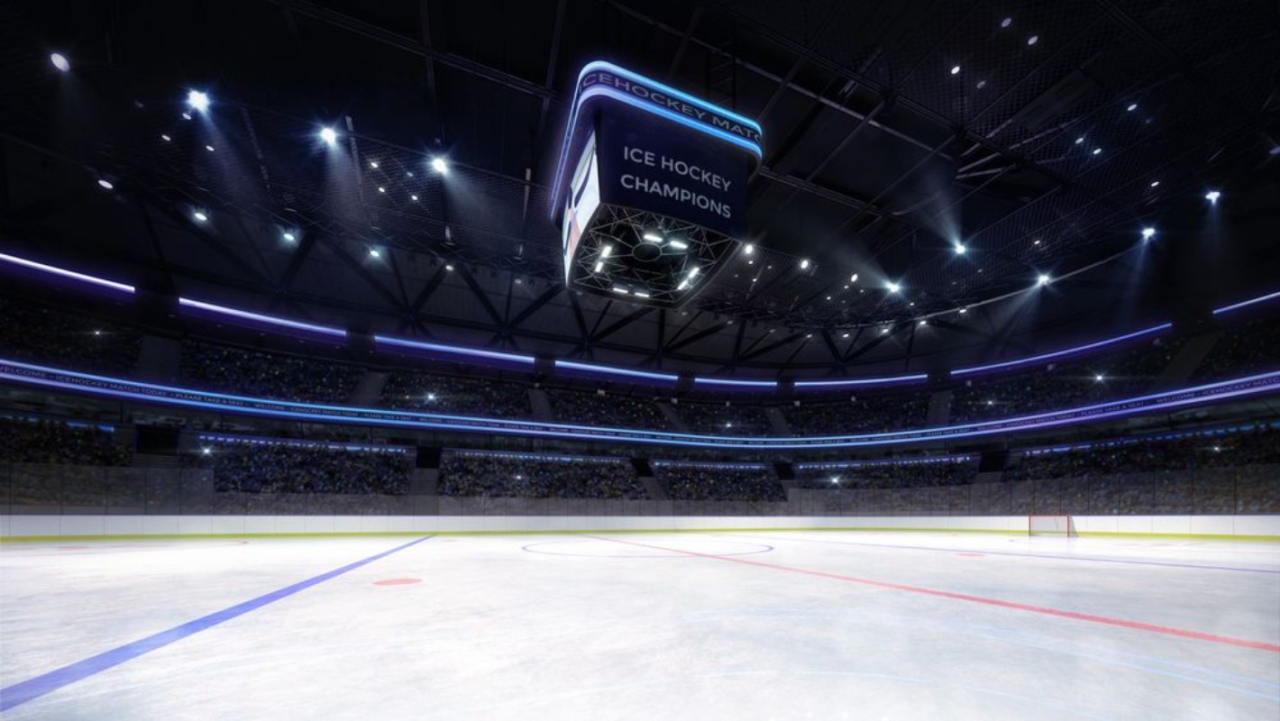 Picture of Empty ice hockey arena indoor playground view illuminated by spotlights hockey and skating stadium indoor 3D render illustration background my own design