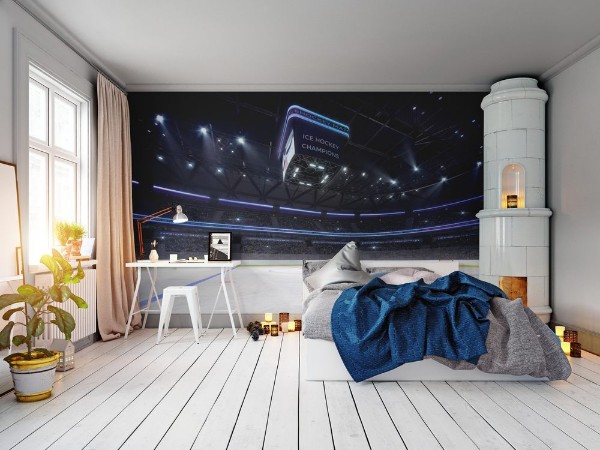 Picture of Empty ice hockey arena indoor playground view illuminated by spotlights hockey and skating stadium indoor 3D render illustration background my own design