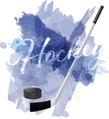 Picture of Abstract blue watercolor splashes with ice hockey equipment