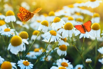 Picture of Different beautiful butterflies fluttering and sitting on a bright meadow on a gentle Bellamy flowers daisies on a Sunny summer day