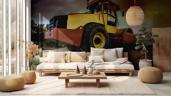 Afbeeldingen van Steamroller paving a dirt road before paving