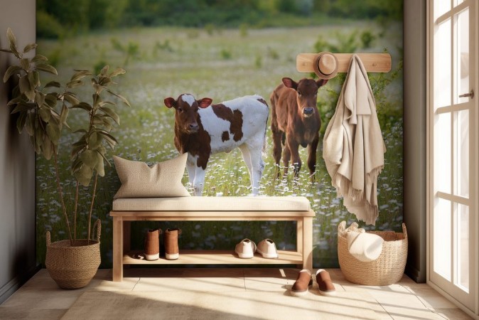 Picture of Two calves on a green chamomile meadow