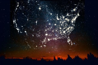Picture of Forest sunset landscape with projection of USA map in the form of stars of the constellations of city lights Travel United States of America concept Elements of this image furnished by NASA