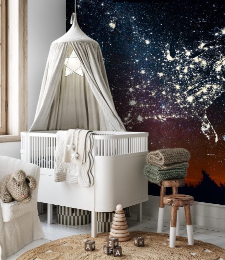 Afbeeldingen van Forest sunset landscape with projection of USA map in the form of stars of the constellations of city lights Travel United States of America concept Elements of this image furnished by NASA