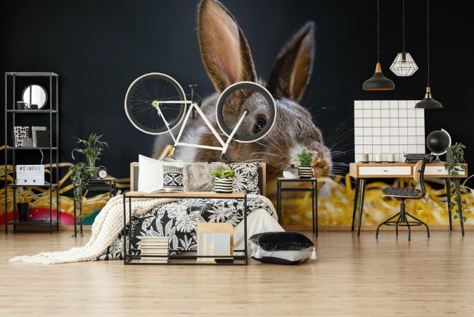 Picture of Easter bunny rabbit on the black background Easter holiday concept Cute rabbit in hay near dyed eggs  Adorable baby rabbit  Spring and Easter decoration Cute fluffy rabbit and painted eggs
