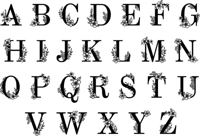 Afbeeldingen van Floral ornate letters Ornamental flowers monogram vintage font and flower sprigs ornaments alphabet vector illustration set