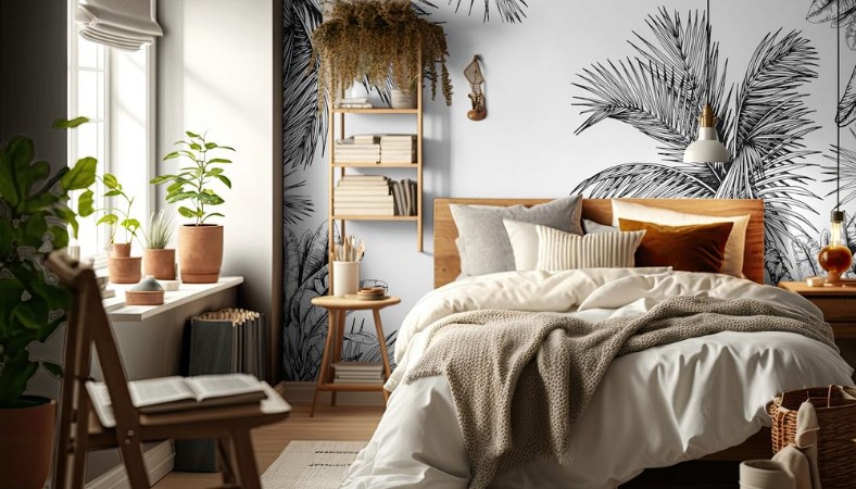 Image de Tropical card with palm trees and leaves Black and white Hand drawn vector illustration