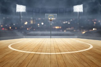 Image de Basketball court with wooden floor lights reflectors and tribune