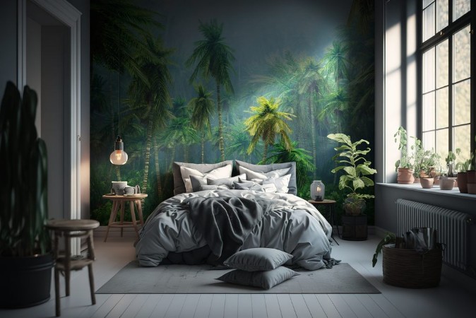 Picture of Jungle beautiful rainforest in the fog palm trees in the haze jungle in the morning in the fog 3D rendering