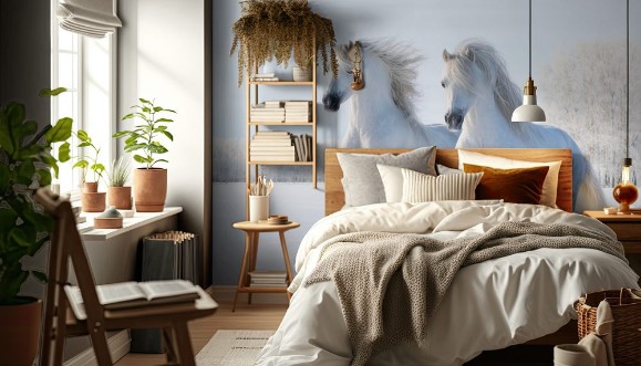 Picture of Two white horses gallop on snow field