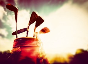 Bild på Golf clubs in a leather baggage in vintage retro style