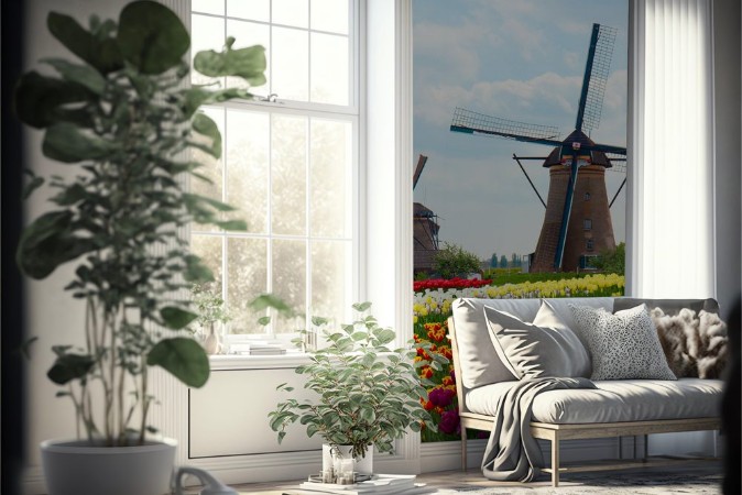 Picture of Two dutch windmills over  tulips field