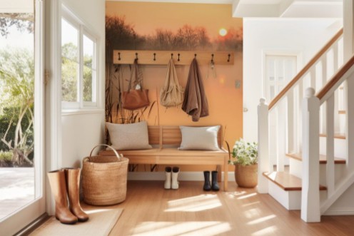 Afbeeldingen van Foggy and yellow sunrise at a jetty in a lake