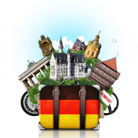 Picture of Germany german landmarks travel and retro suitcase