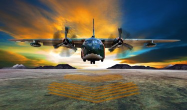 Picture of Military plane landing on airforce runways against beautiful dus