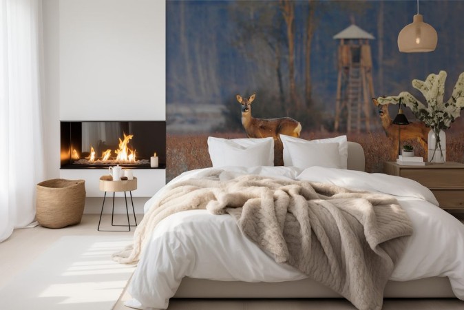 Picture of Deer in winter  morning and hunting tower in background