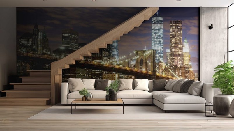 Picture of Brooklyn Bridge and Downtown Skyscrapers in New York at Dusk