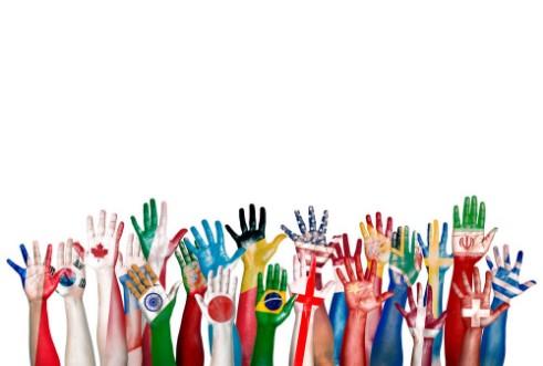 Picture of Group of Diverse Flag Painted Hands Raised