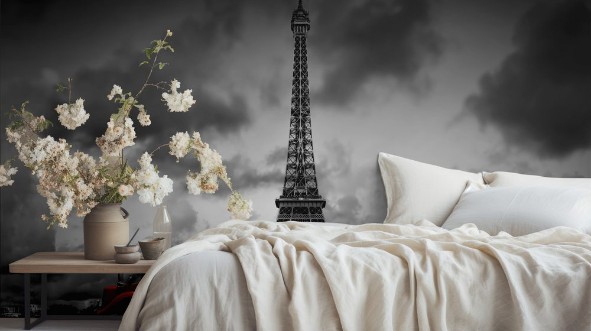 Picture of Effel Tower Paris France and retro red car Black and white