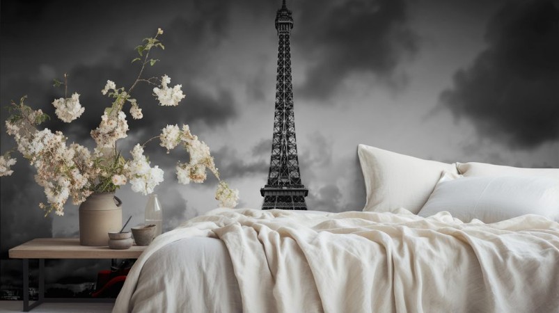 Picture of Effel Tower Paris France and retro red car Black and white