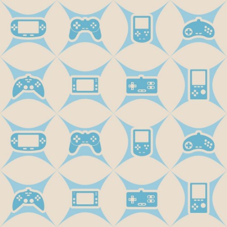 Afbeeldingen van Seamless background with game consoles for your design