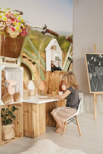 Снимка на Vintage bicycle with basket full of flowers standing in field