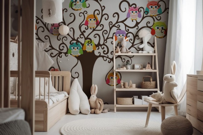 Picture of Colorful owls in pretty tree