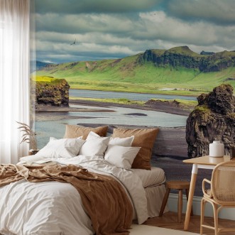 Picture of The black sand beach with typical Icelandic mountain landscapes