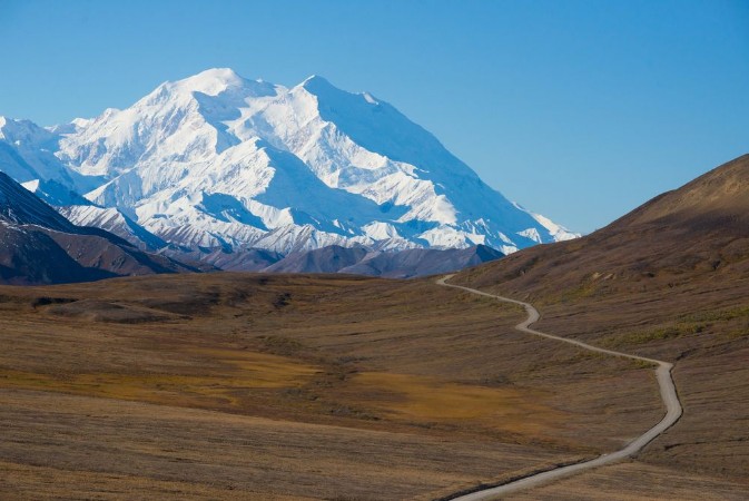 Afbeeldingen van Mount McKinleys snowy peak with the park road in the foreground