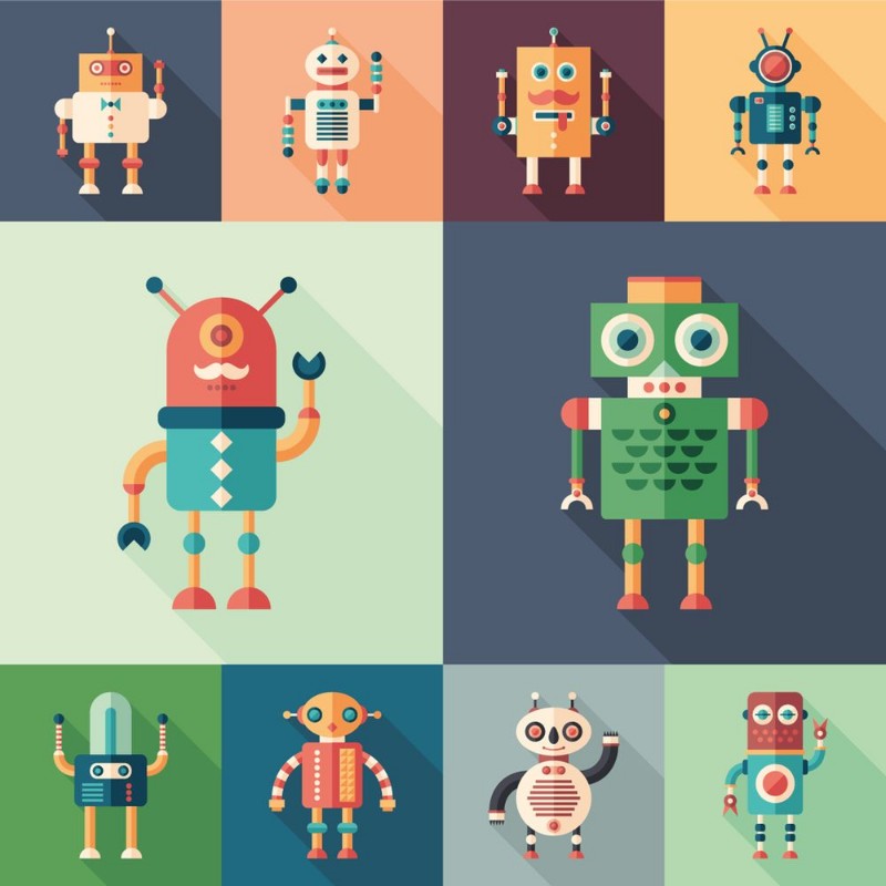 Bild på Set of colorful robots flat square icons with long shadows