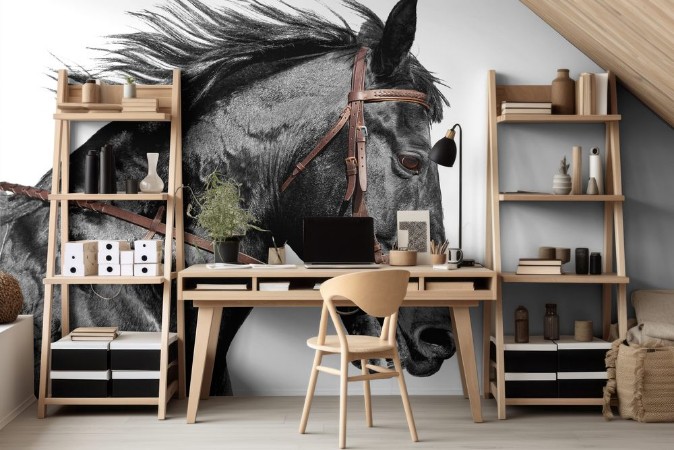 Picture of Horse portrait in black and white in the brown bridle