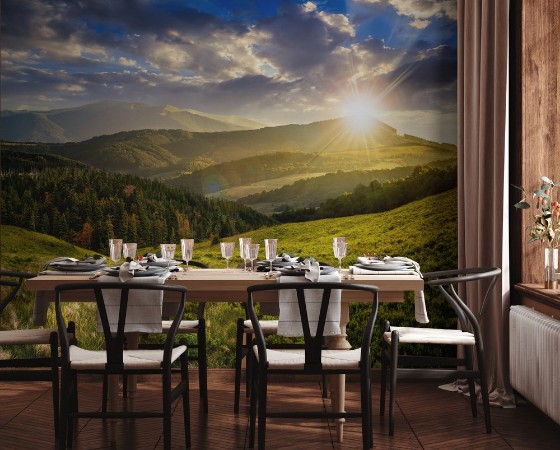 Picture of Landscape with valley and forest in high mountains at sunset