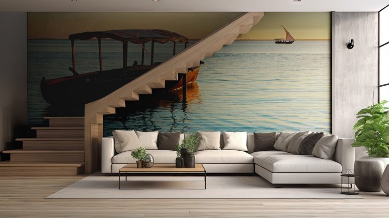 Picture of Wooden boat on water at sunset Zanzibar island