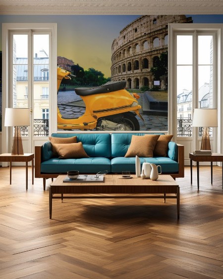 Picture of Yellow vintage scooter on the background of Coliseum