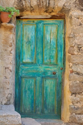 Picture of Porte vert -meraude sur faade en pierre dans vieux village