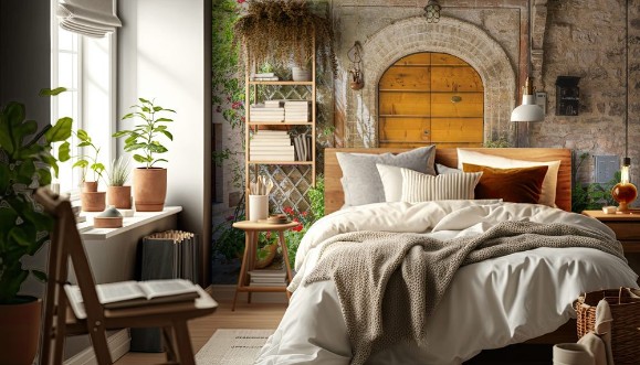 Afbeeldingen van Elegante porta di legno con vasi di fiori