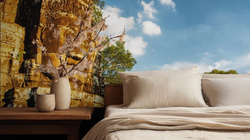 Afbeeldingen van Giant stone face of ancient Bayon temple Angkor Thom Cambodia