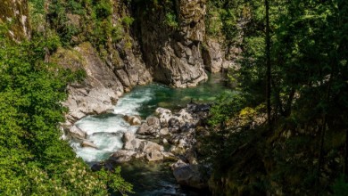 Picture of The Coquihalla River as it winds its way through the canyon at the Othello Tunnels park